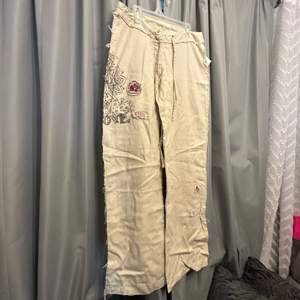 50%off w❤️ AZIZ boho-inspired fun hippie linen blend patch pants beige S NWOT